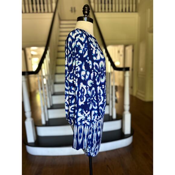 Boston Proper Blue Ikat Dress BodyCon Long Sleeve Summer Dress Pool Beach Resort - Picture 6 of 12